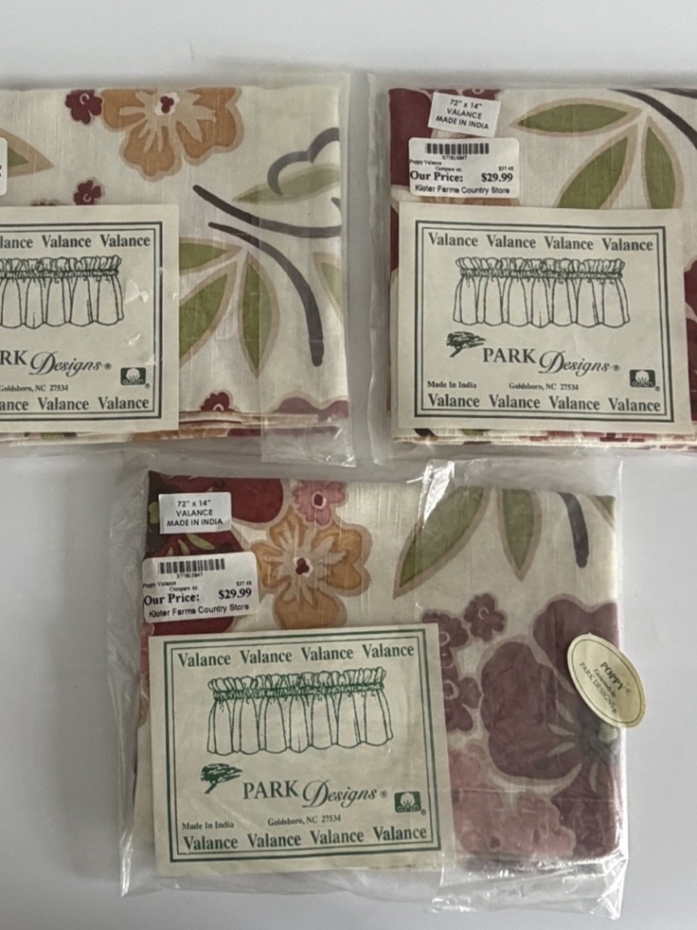 Lot of 3 - NEW Park Designs Poppy Valance 72" x 14" 100% Cotton Window Curtain